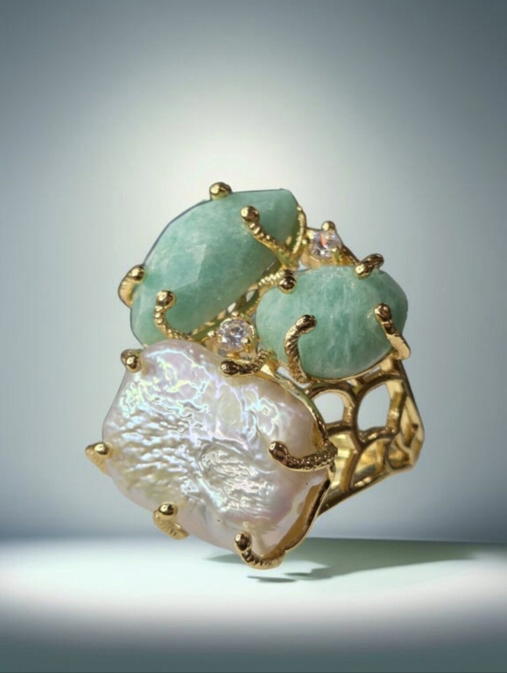 18k Gold Plated Chunky Amazonite Freshwater Pearl Branch Caged Crystal Ring